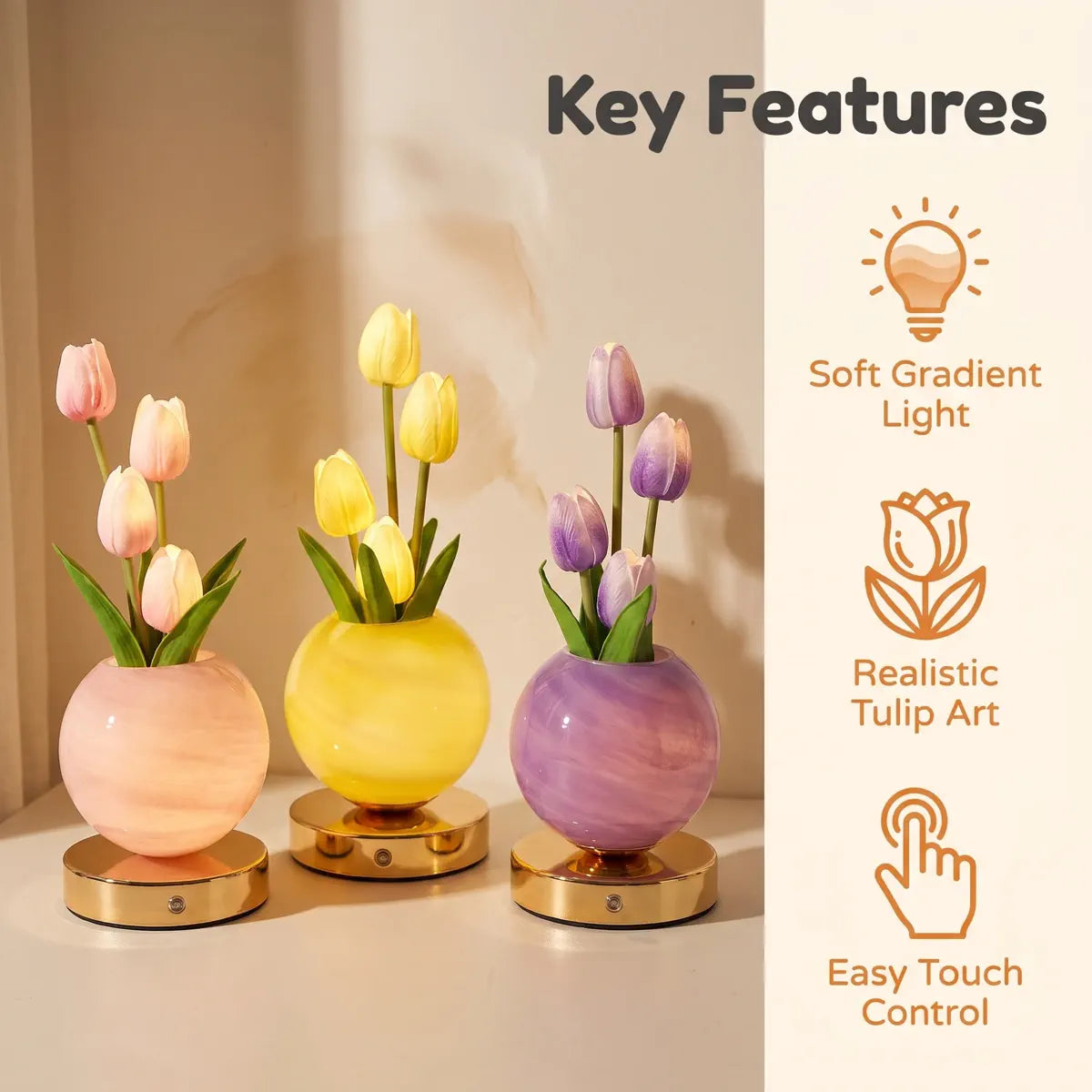 Glowing Tulip Bouquet Table Lamp - 3-Color Dimming, USB Rechargeable