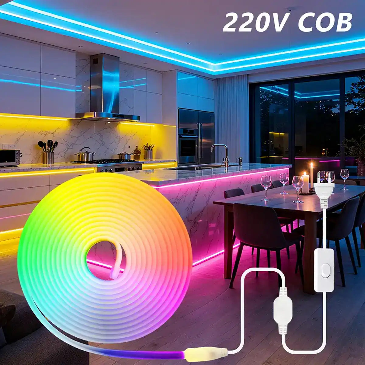High-Density COB Neon Strip Light - 220–240V EU Plug, IP67, 288 LEDs/m