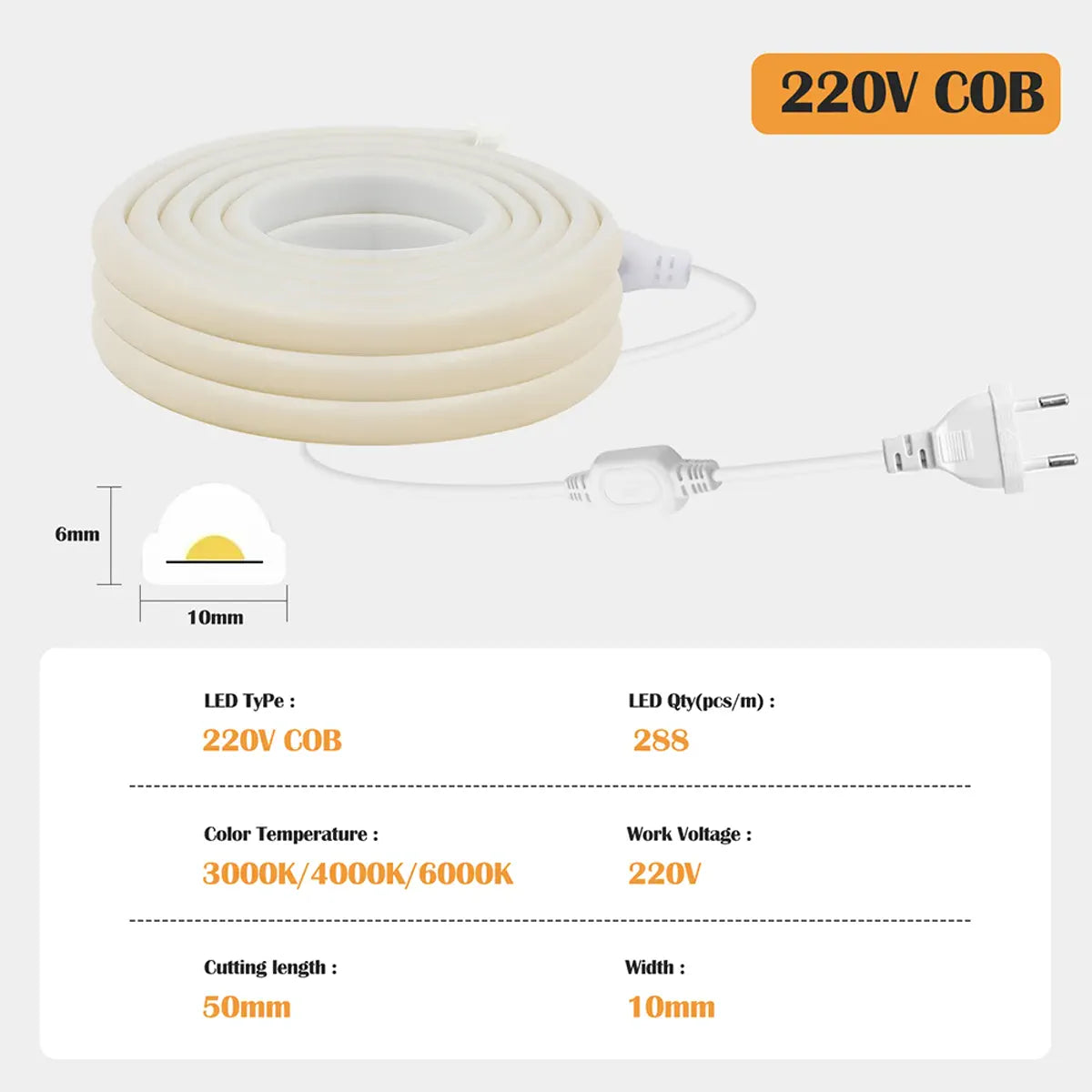 220V COB neon strip specification and EU plug layout