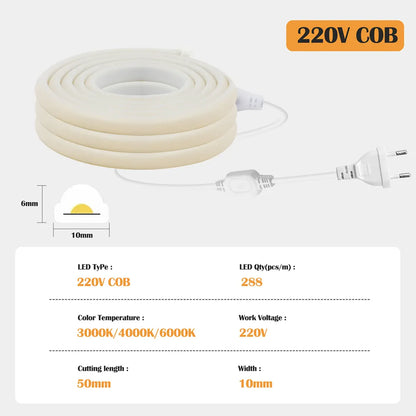 High-Density COB Neon Strip Light - 220–240V EU Plug, IP67, 288 LEDs/m