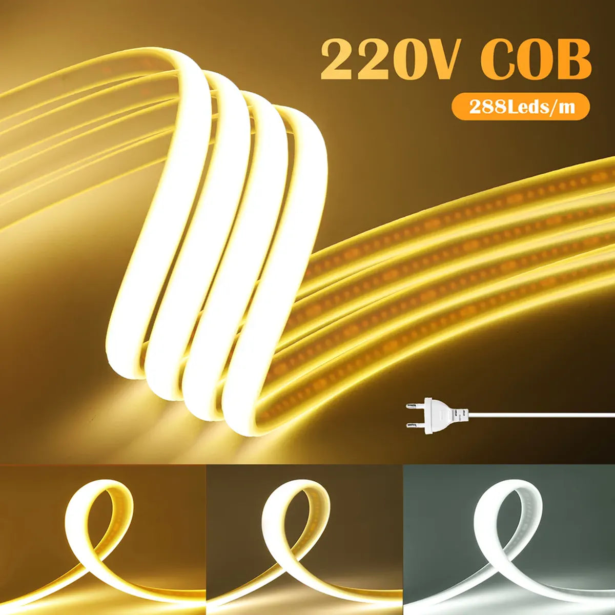 288 LEDs per meter COB strip in warm, natural, and white light