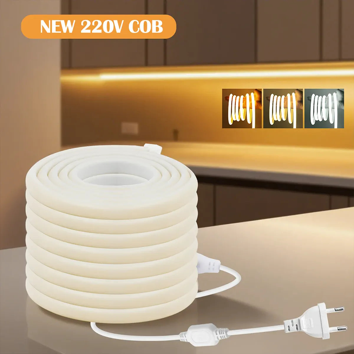 High-Density COB Neon Strip Light - 220–240V EU Plug, IP67, 288 LEDs/m