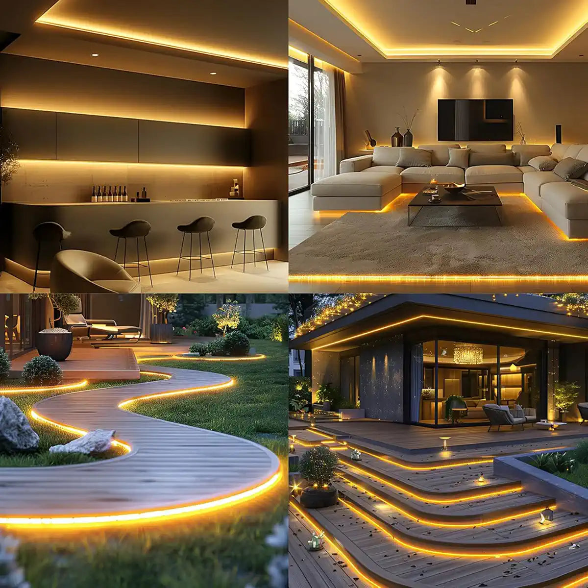 Warm COB neon strip lighting indoor rooms and outdoor pathways