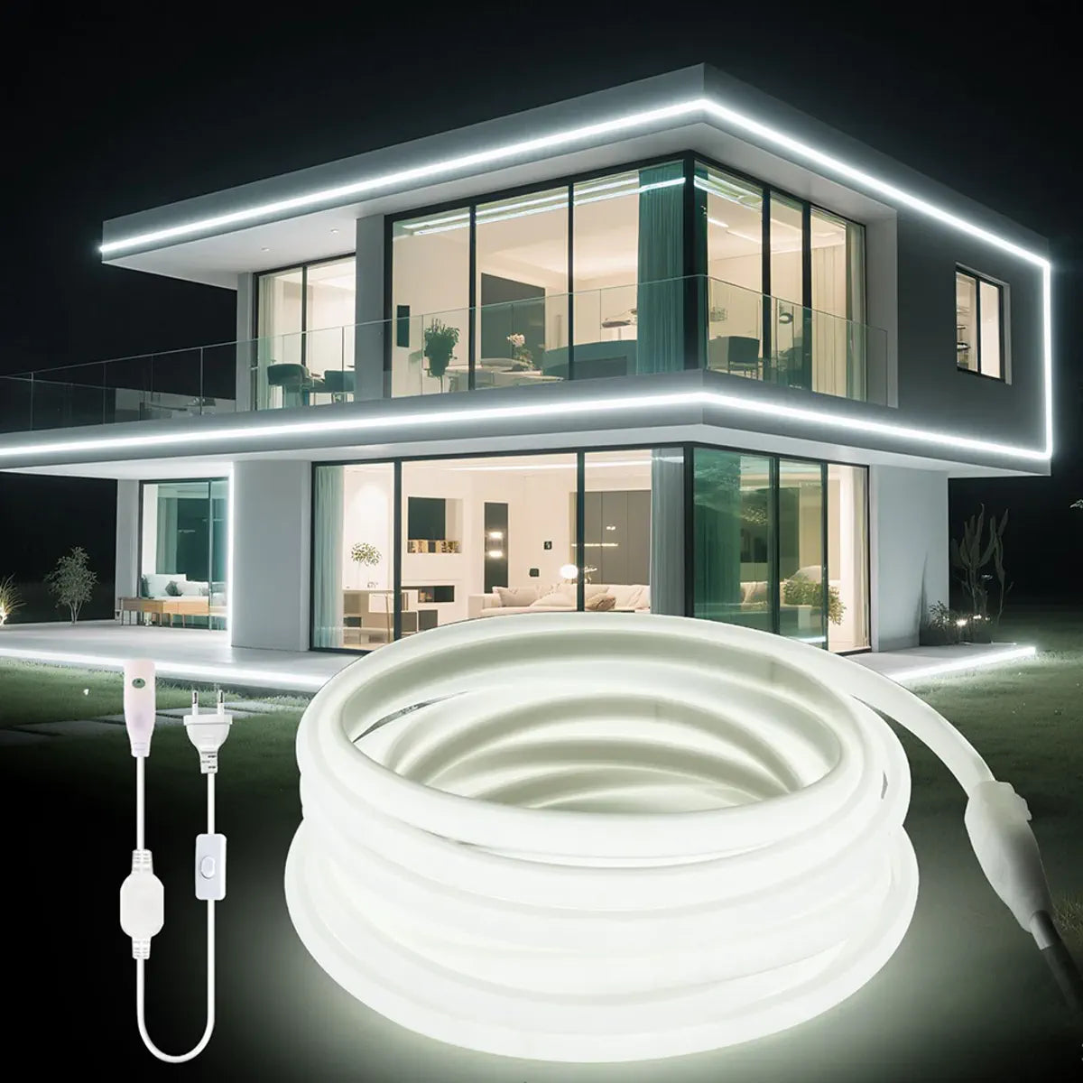 White COB neon strip installed around a modern house exterior