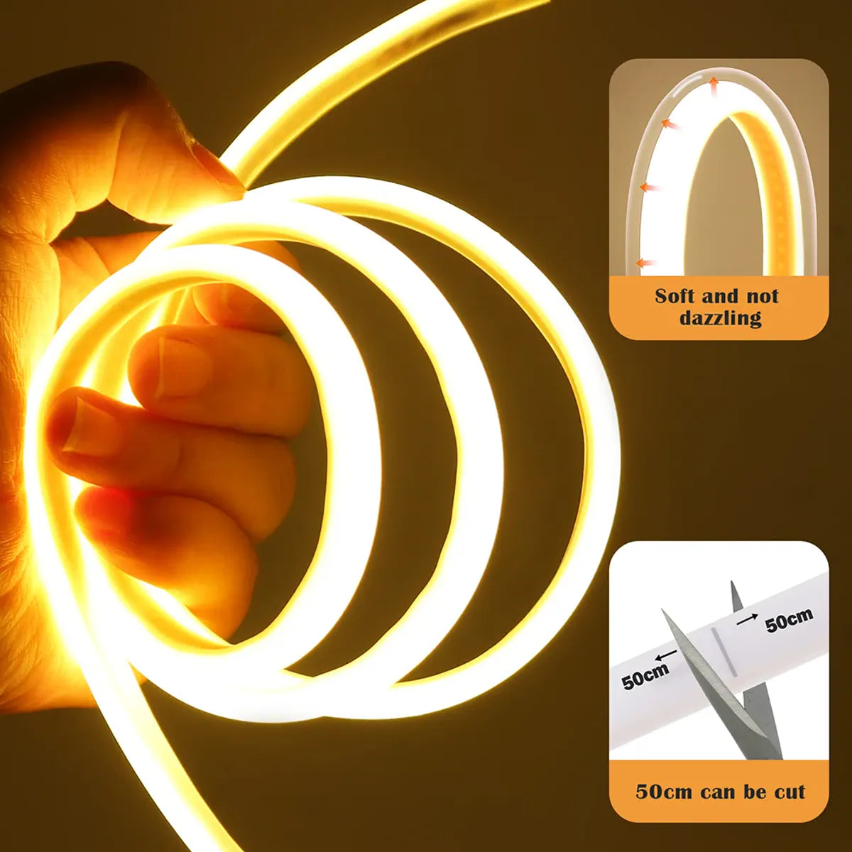 Flexible COB neon strip coiled around a hand with 50cm cut marking