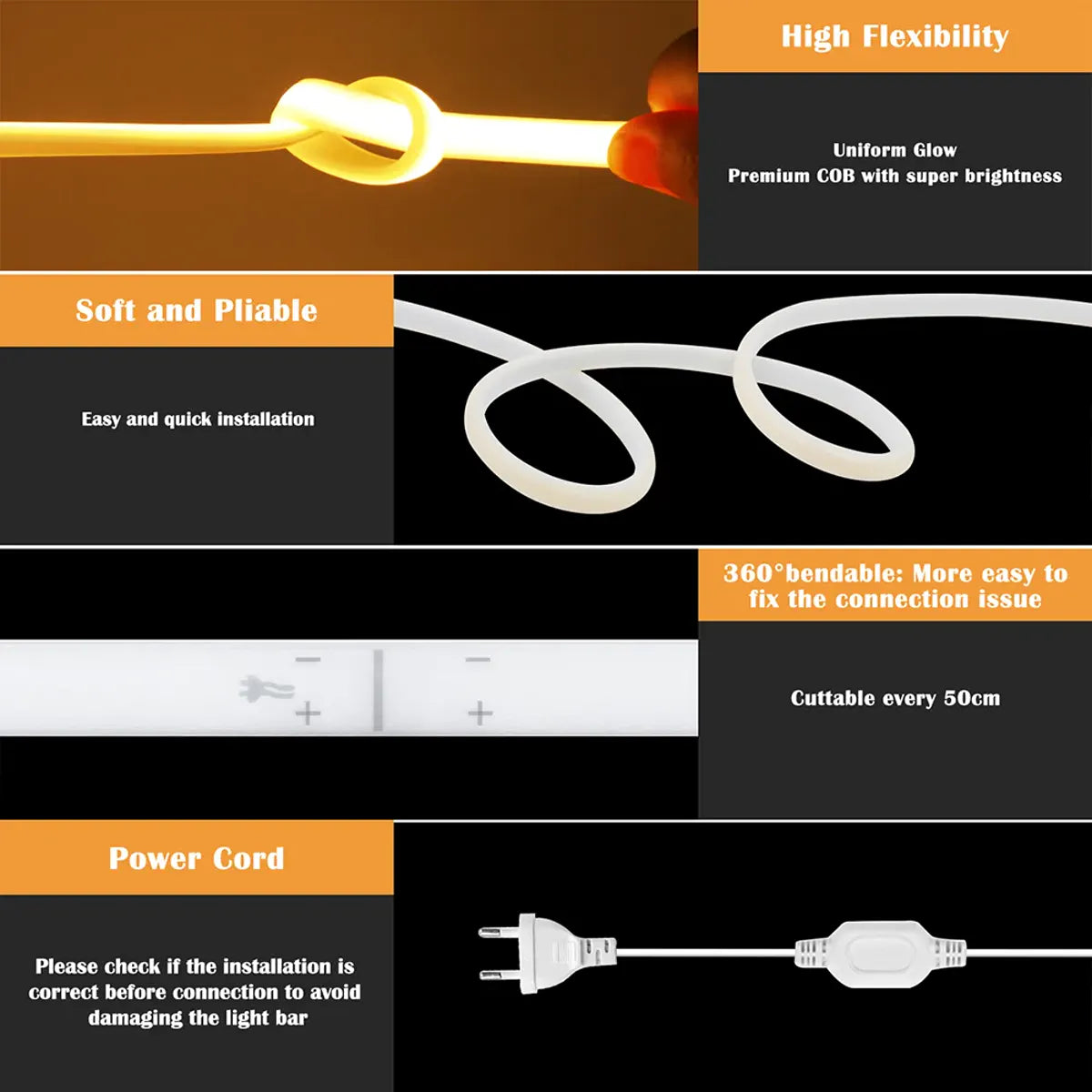COB neon strip flexibility, cut points, and EU power cord