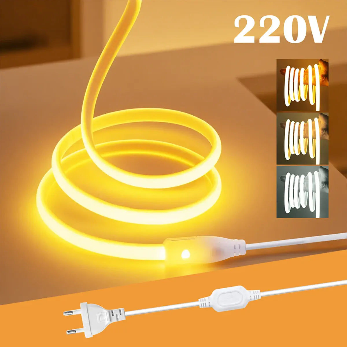 220V warm COB neon strip with EU plug and inline switch