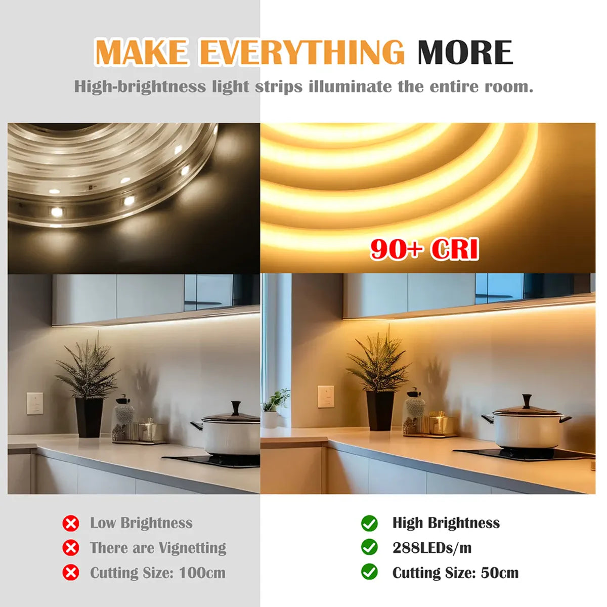 COB neon strip lighting comparison and indoor room examples