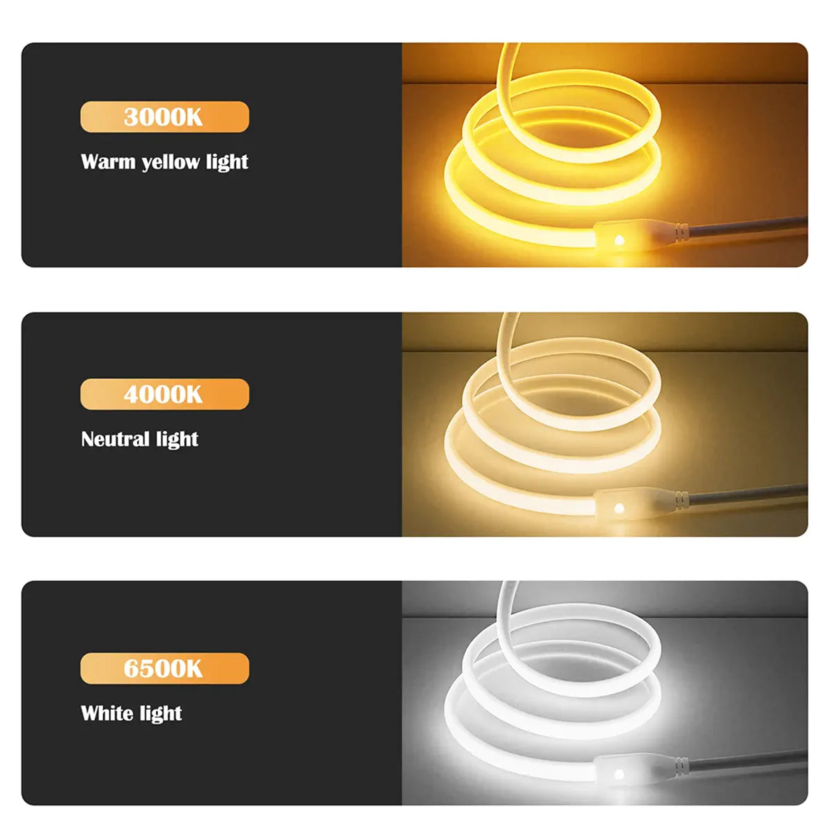 Warm, natural, and white COB neon strip color temperatures