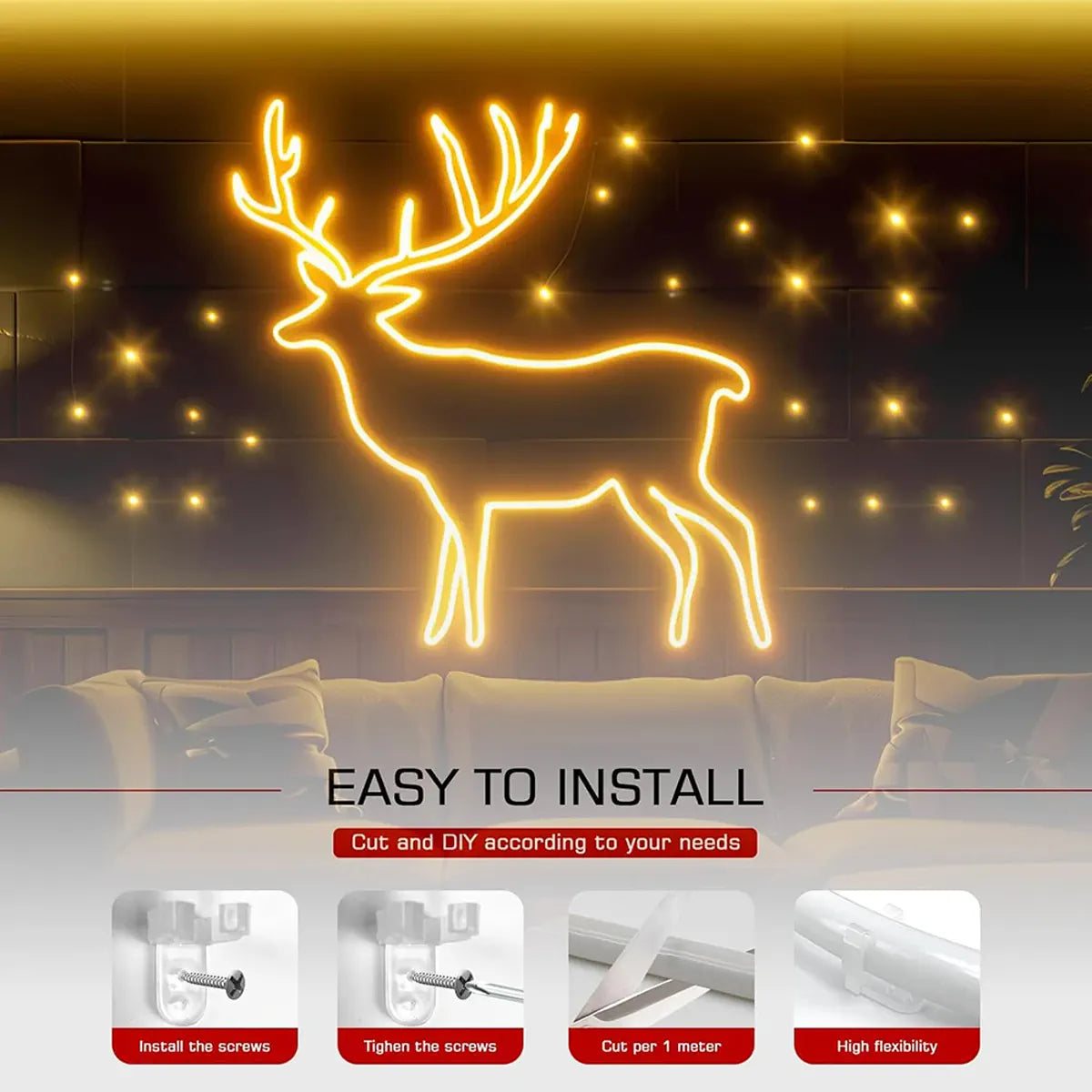 COB neon strip mounted in a reindeer outline with fixing clips