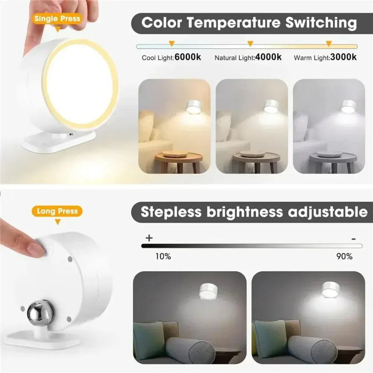 LED Magnetic Wall Sconce Rechargeable Dimmable Wall Lights with Remote 360° Rotation
