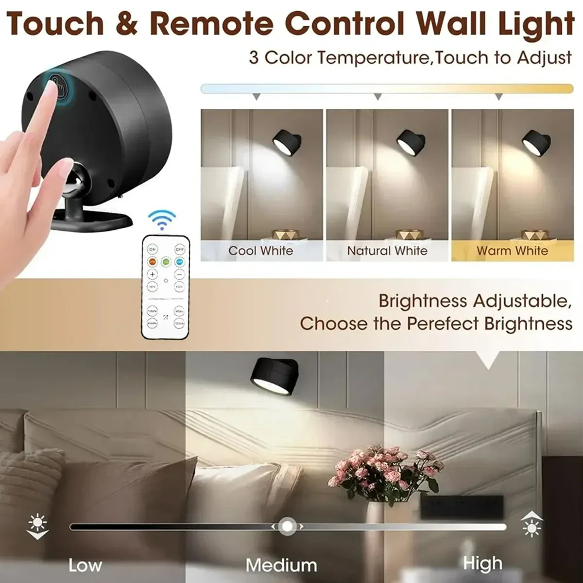 LED Magnetic Wall Sconce Rechargeable Dimmable Wall Lights with Remote 360° Rotation