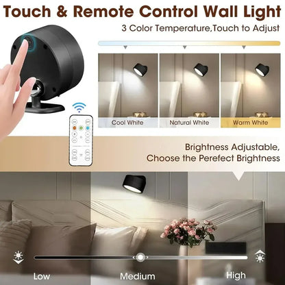 LED Magnetic Wall Sconce Rechargeable Dimmable Wall Lights with Remote 360° Rotation