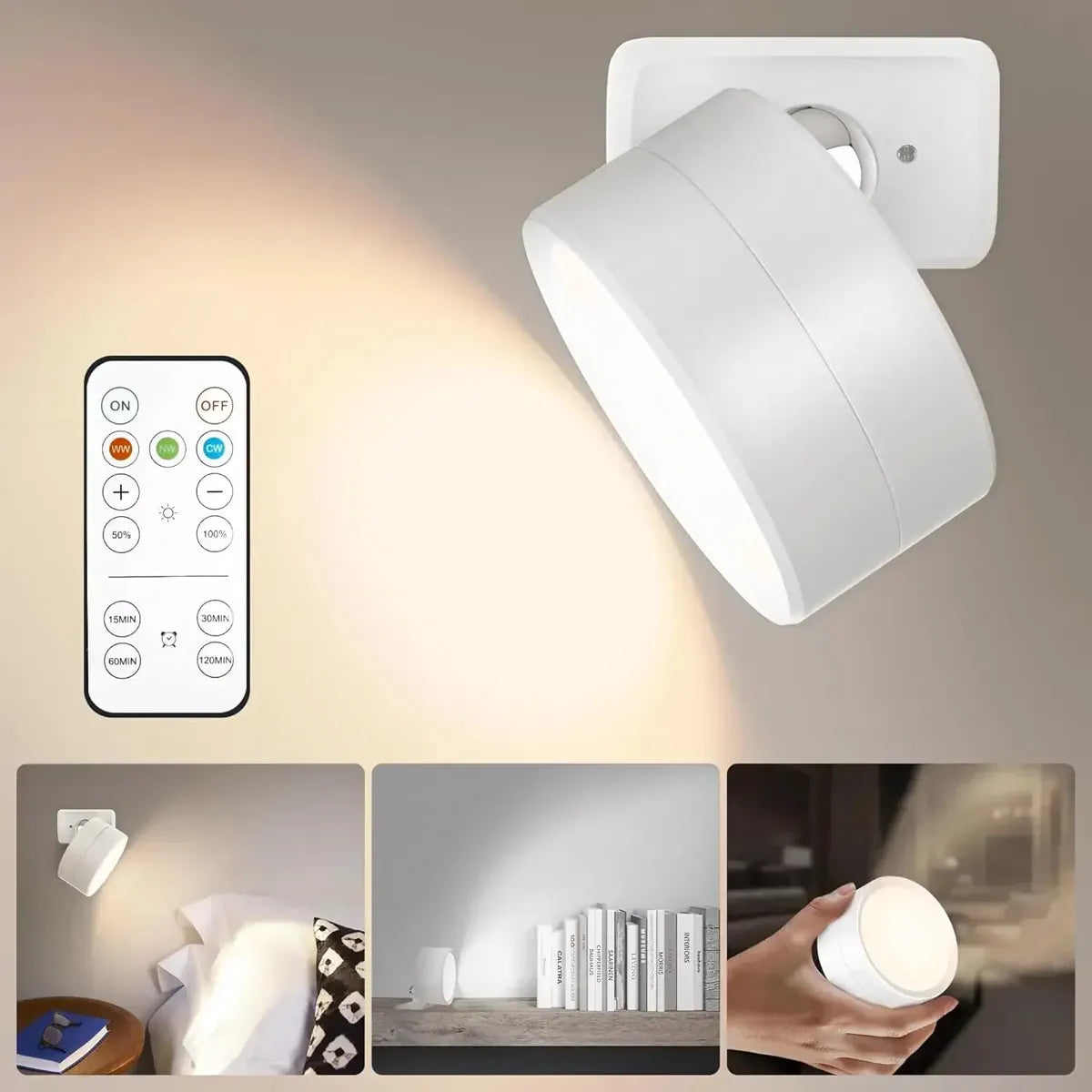 LED Magnetic Wall Sconce Rechargeable Dimmable Wall Lights with Remote 360° Rotation