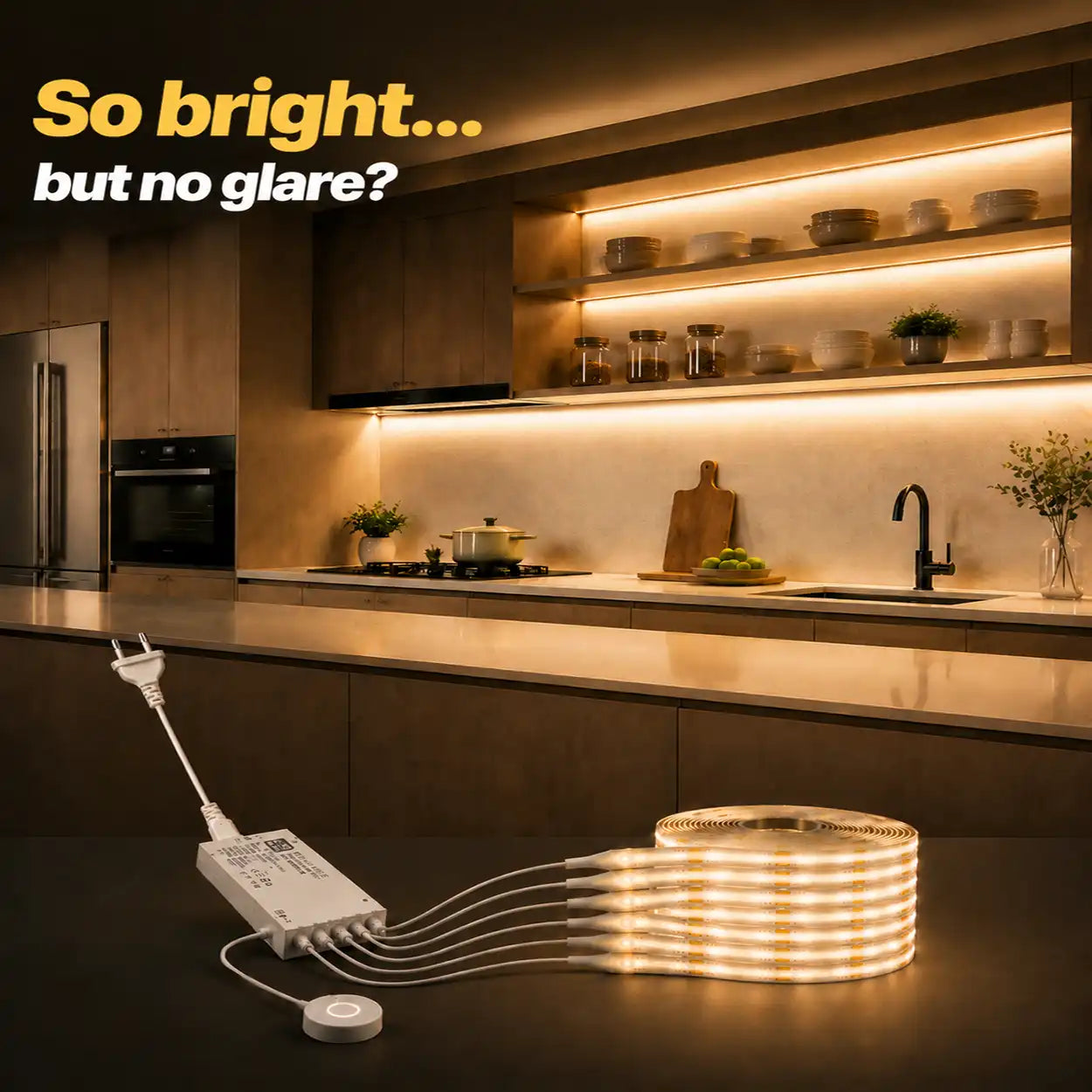 Kit de bande lumineuse LED COB à capteur tactile à travers le bois pour sous-armoire - Sans perçage, gradation progressive, 320 LED/m