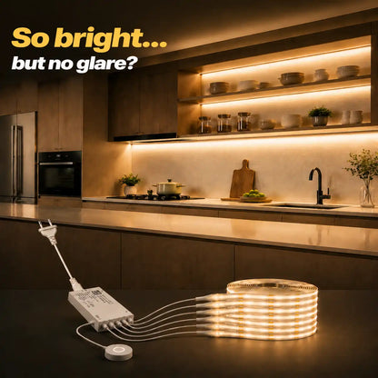 Through-Wood Touch Sensor COB LED Strip Light Kit for Under Cabinet - No-Drill, Stepless Dimming, 320 LEDs/m