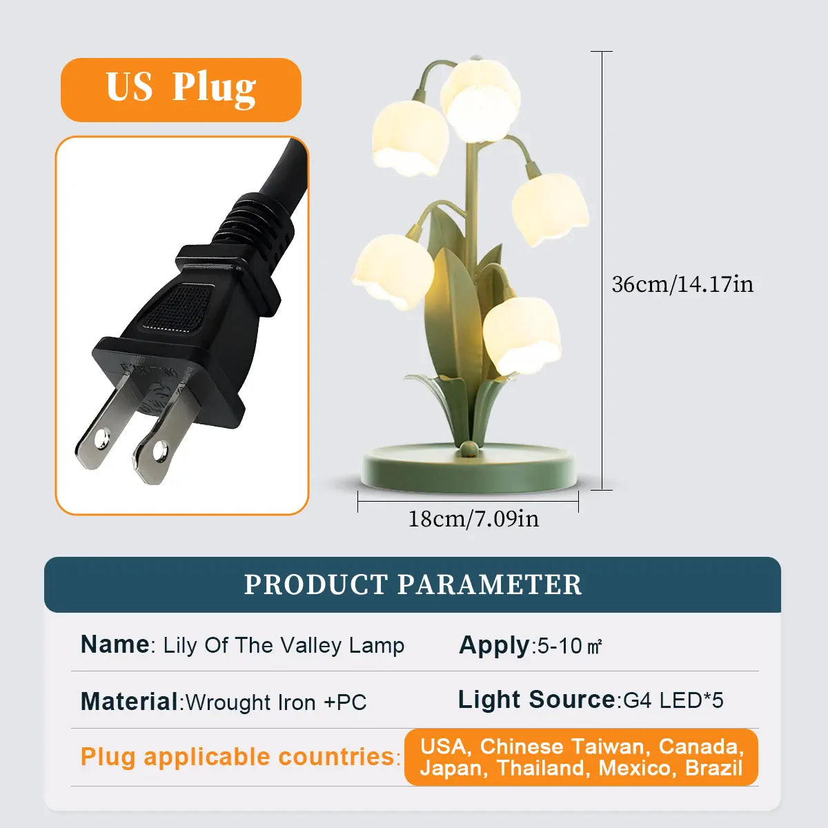 Lily of the valley table lamp with five flower shades and US plug