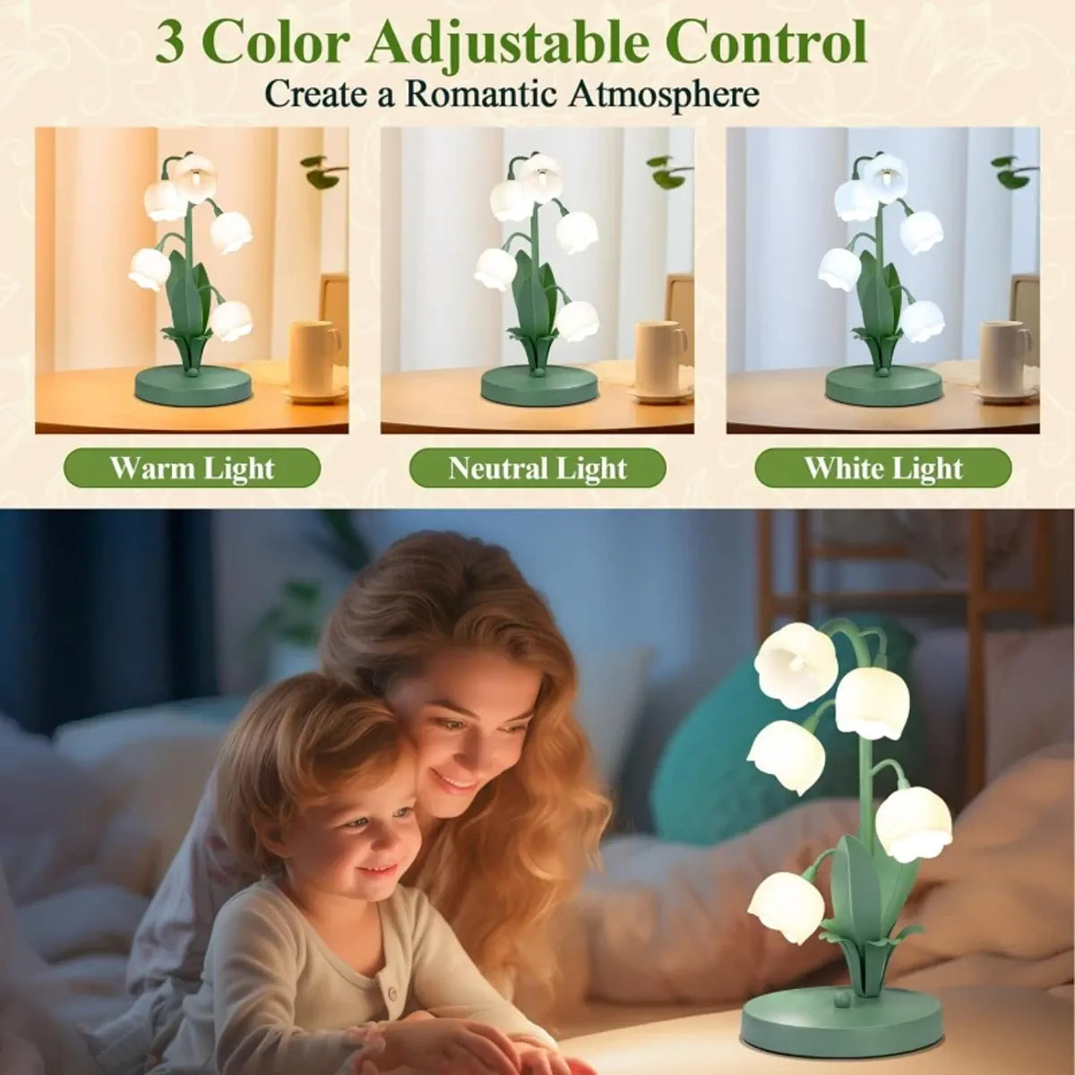 Lily of the Valley LED Table Lamp - Five Flower Shades, 3-Color, US Plug