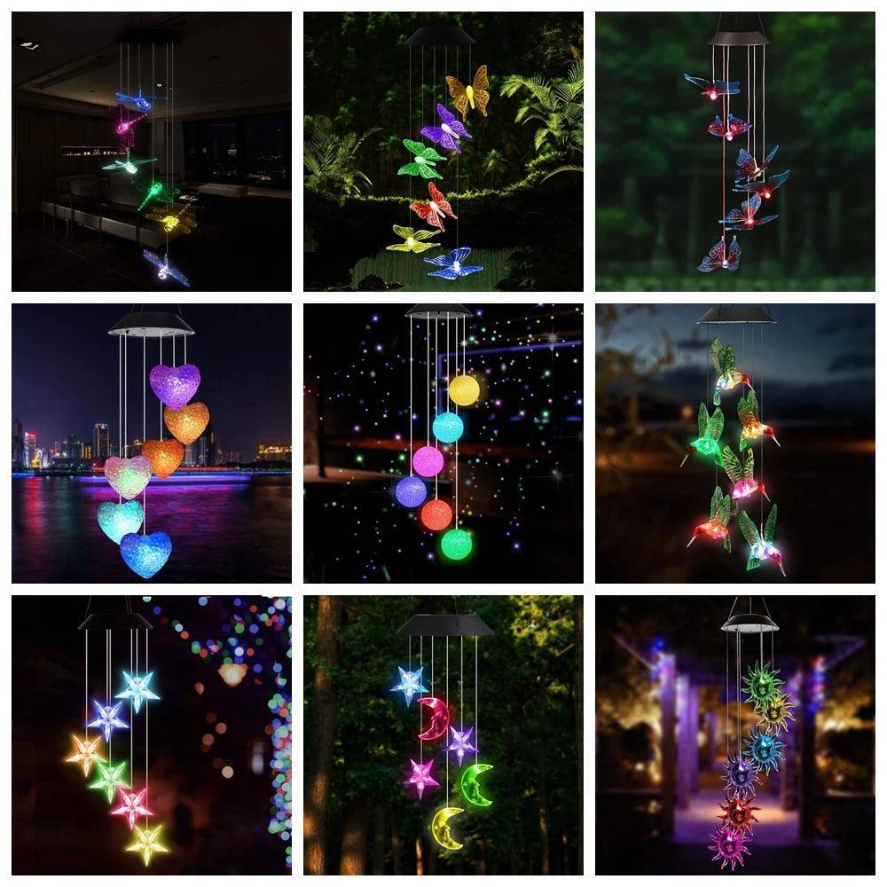 Outdoor Solar Hanging Light, LED Crystal Ball Hummingbird Wind Chime Light - Lumaz