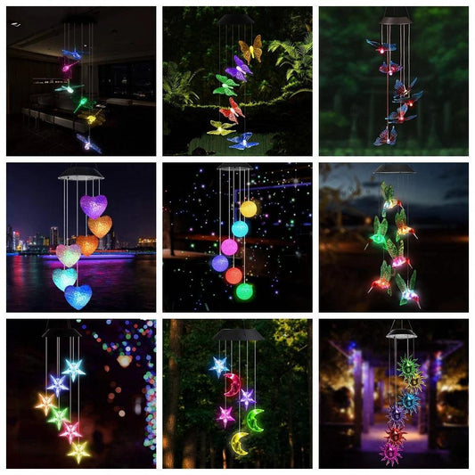 Outdoor Solar Hanging Light, LED Crystal Ball Hummingbird Wind Chime Light - Lumaz