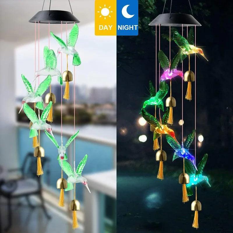 Outdoor Solar Hanging Light, LED Crystal Ball Hummingbird Wind Chime Light - Lumaz