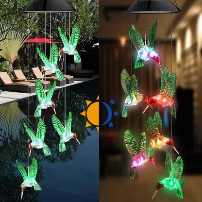 Outdoor Solar Hanging Light, LED Crystal Ball Hummingbird Wind Chime Light - Lumaz