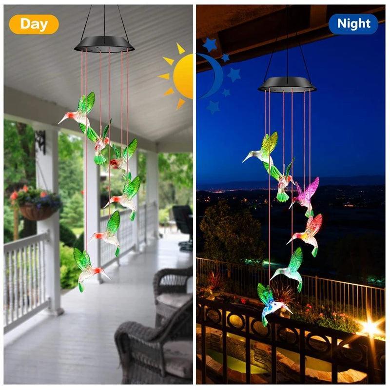 Outdoor Solar Hanging Light, LED Crystal Ball Hummingbird Wind Chime Light - Lumaz