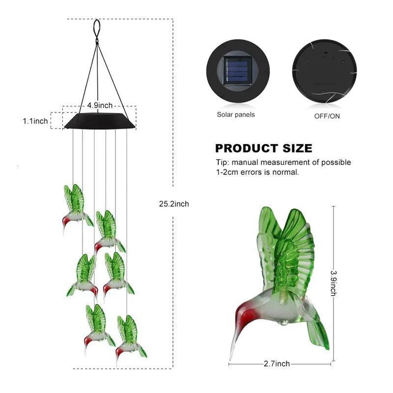 Outdoor Solar Hanging Light, LED Crystal Ball Hummingbird Wind Chime Light - Lumaz