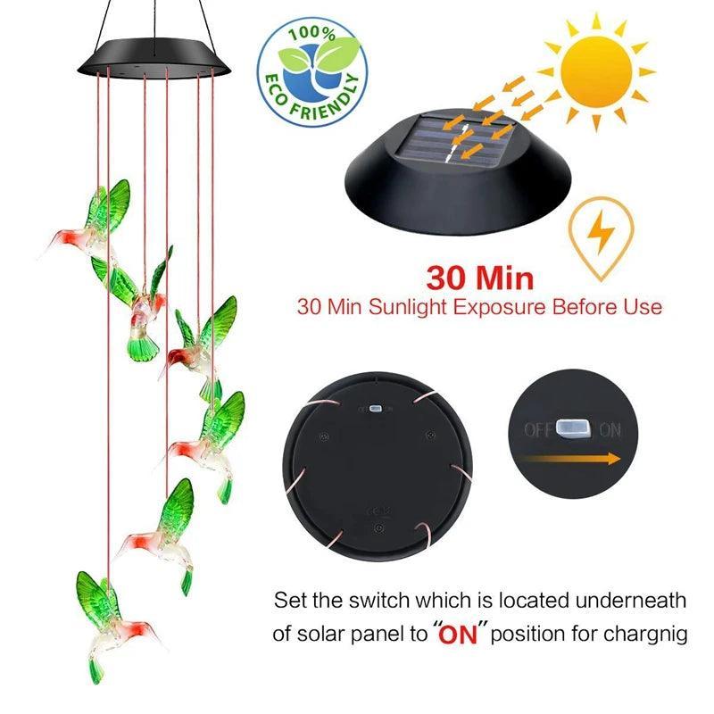 Outdoor Solar Hanging Light, LED Crystal Ball Hummingbird Wind Chime Light - Lumaz