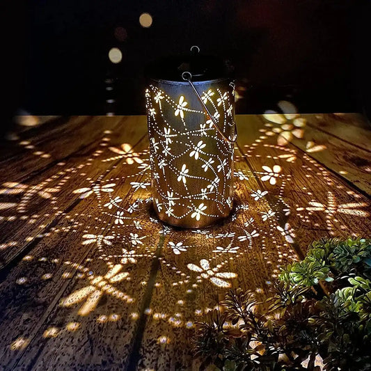 Vintage Metal LED Outdoor Solar Lantern Light With Dragonfly Pattern - Lumaz