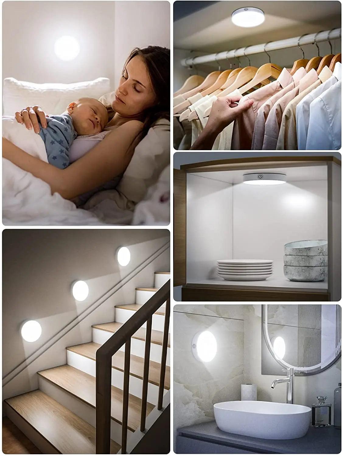 Magnetic Touch Under Cabinet LED Puck Light - Dimmable White LED, 1000mAh Battery Operated - Lumaz