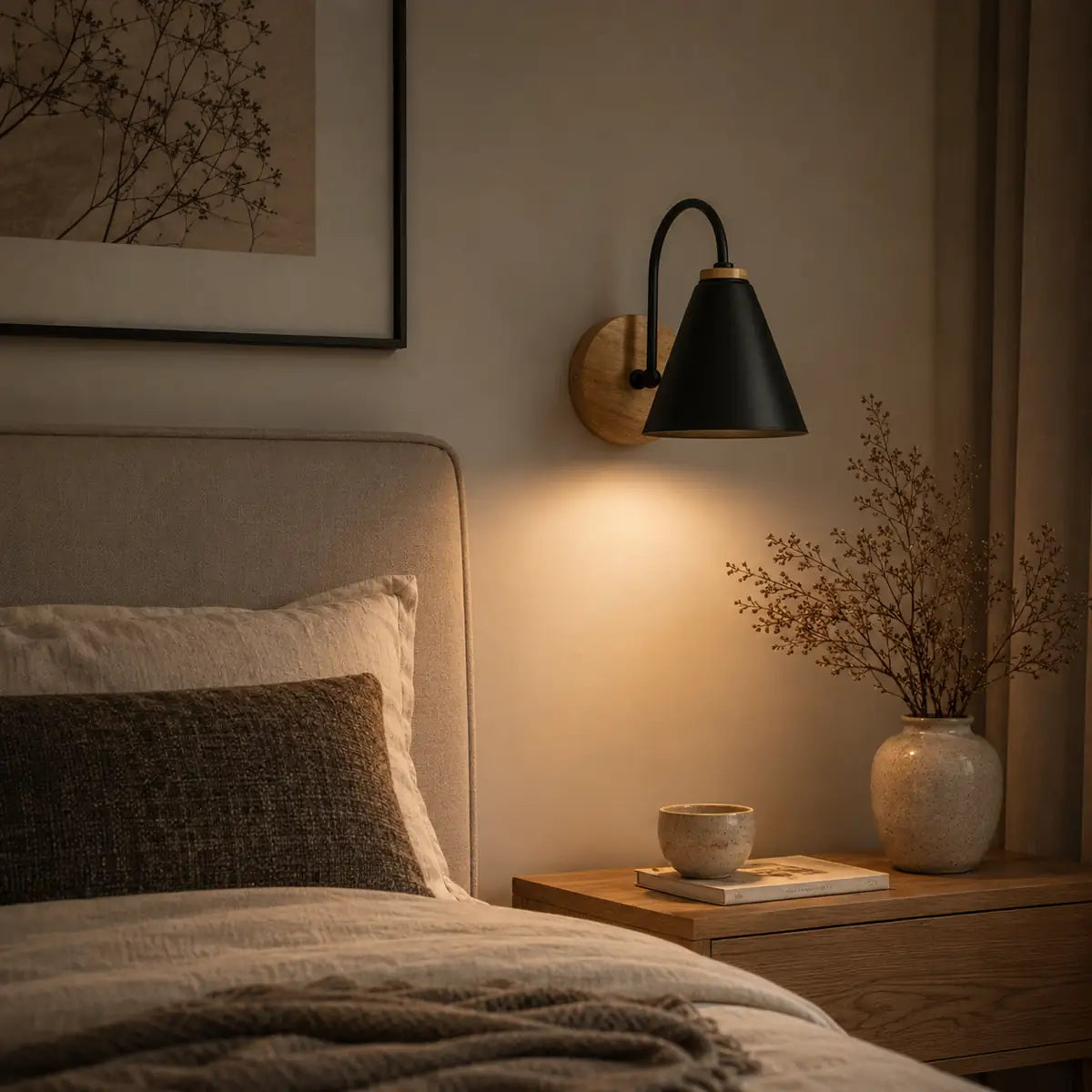 Minimalist Nordic LED Wall Light - Built-in Switch, E27 Base, Iron and Wood