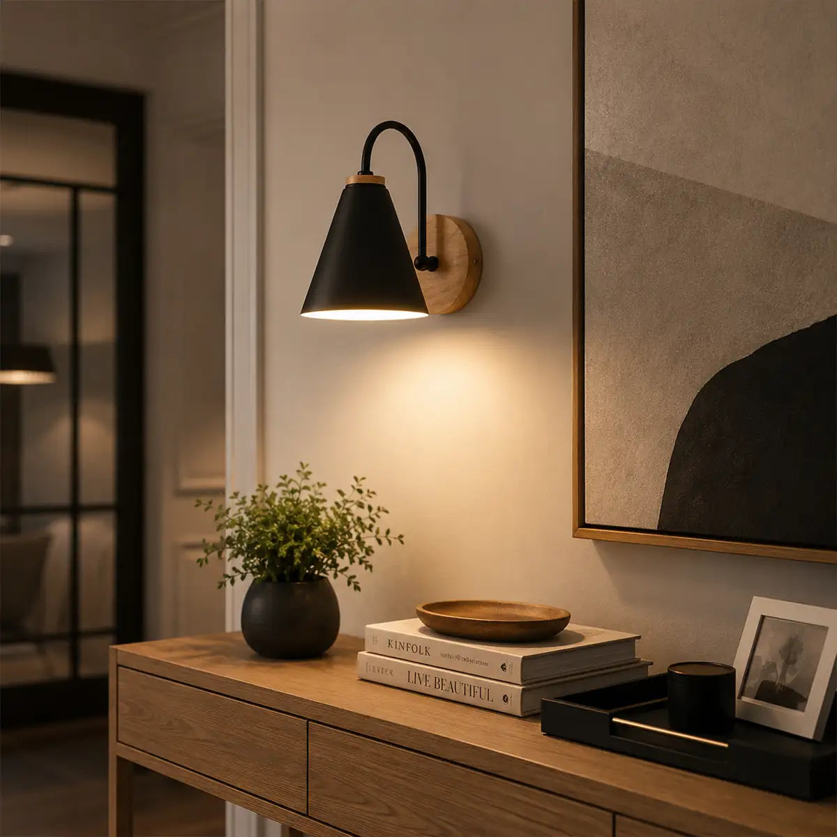 Minimalist Nordic LED Wall Light - Built-in Switch, E27 Base, Iron and Wood