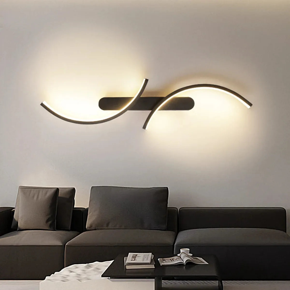 Moderne S-förmige LED-Wandleuchte mit zwei Lichtbögen – Schwarzes Mondlicht-Design, 3-farbige Dimmfunktion, Aluminium & Silikon