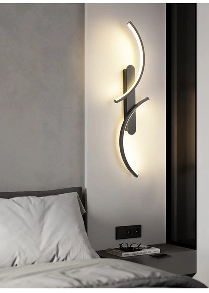 Moderne S-förmige LED-Wandleuchte mit zwei Lichtbögen – Schwarzes Mondlicht-Design, 3-farbige Dimmfunktion, Aluminium & Silikon