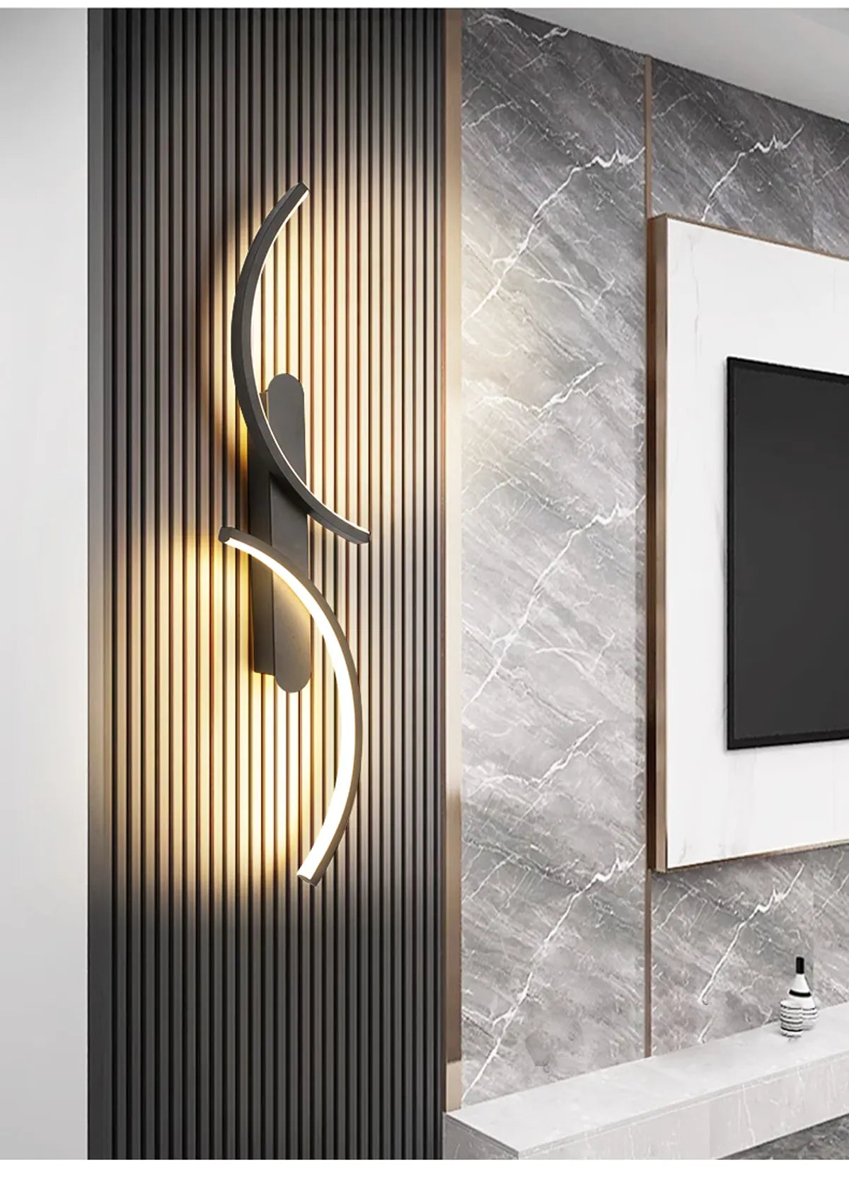 Moderne S-förmige LED-Wandleuchte mit zwei Lichtbögen – Schwarzes Mondlicht-Design, 3-farbige Dimmfunktion, Aluminium & Silikon