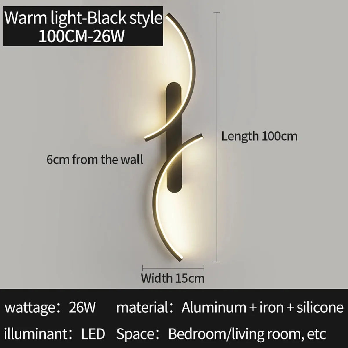 Moderne S-förmige LED-Wandleuchte mit zwei Lichtbögen – Schwarzes Mondlicht-Design, 3-farbige Dimmfunktion, Aluminium & Silikon