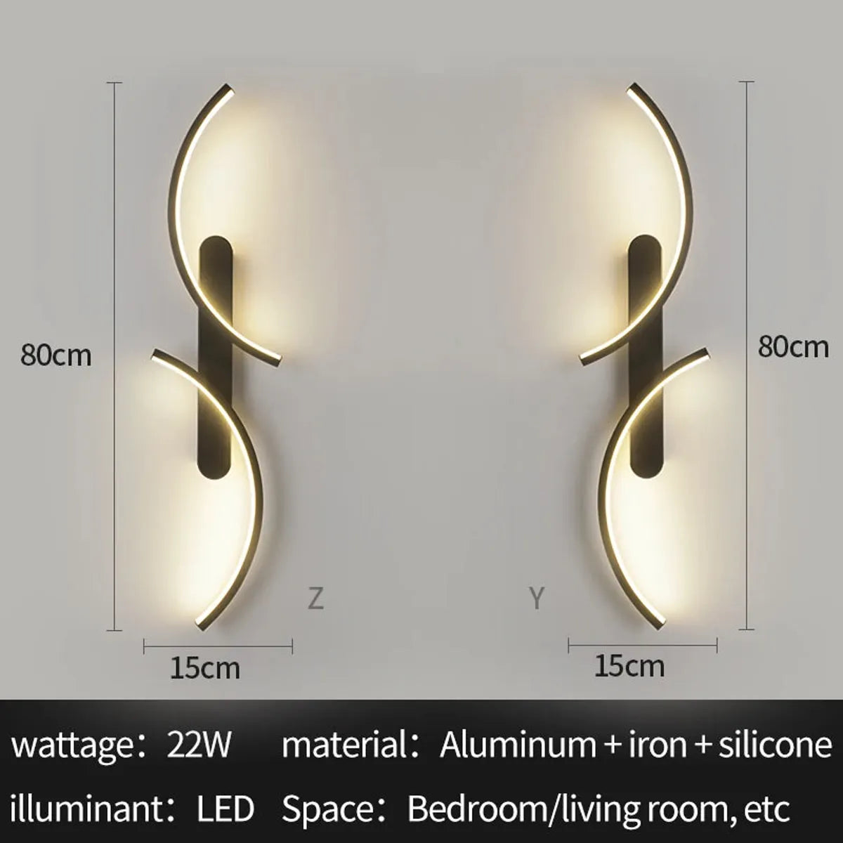 Moderne S-förmige LED-Wandleuchte mit zwei Lichtbögen – Schwarzes Mondlicht-Design, 3-farbige Dimmfunktion, Aluminium & Silikon