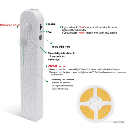 Motion Sensor COB LED Strip Light - Battery-Powered, 320 LEDs/m, Multi-Color, 3mm/5mm/8mm