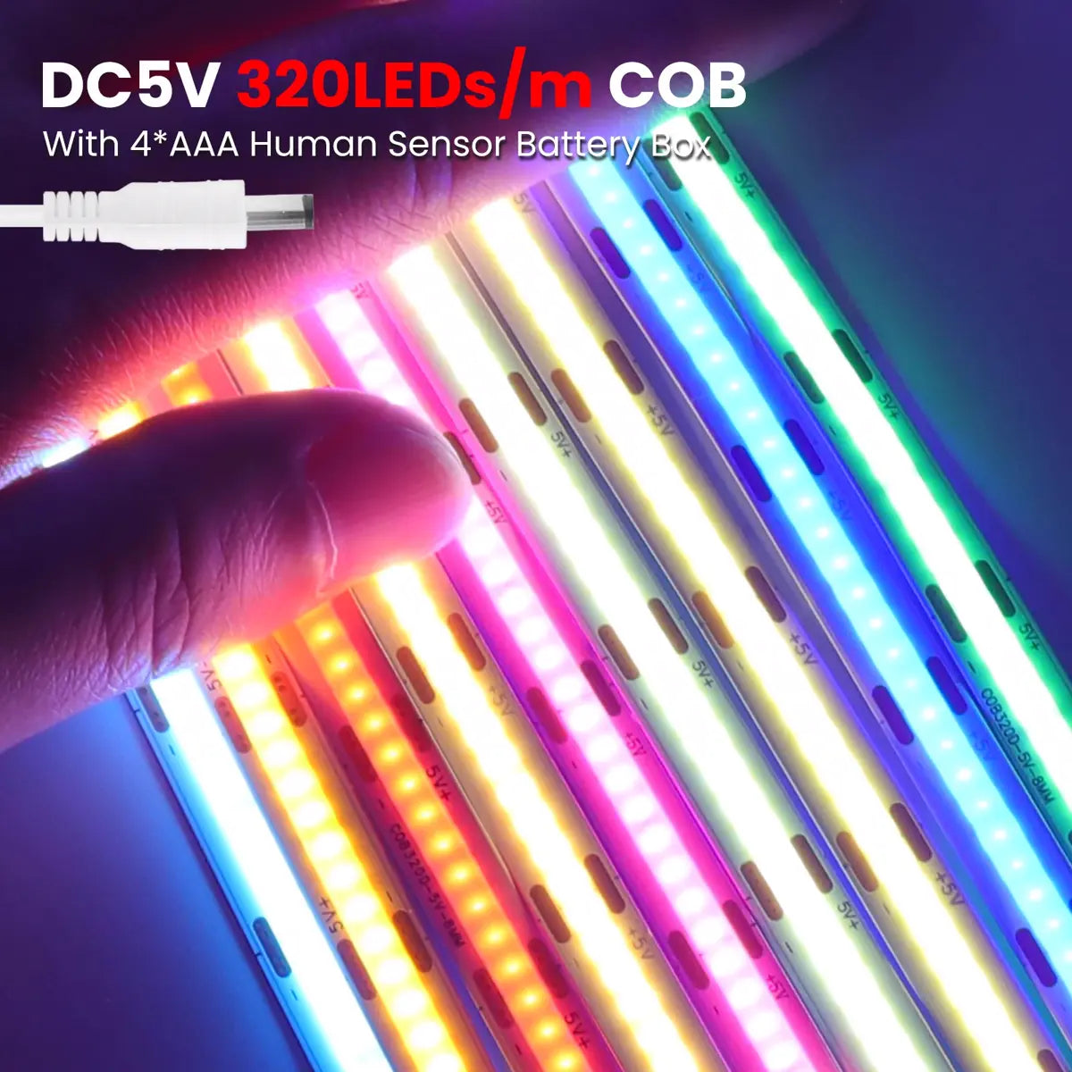Motion Sensor COB LED Strip Light - Battery-Powered, 320 LEDs/m, Multi-Color, 3mm/5mm/8mm