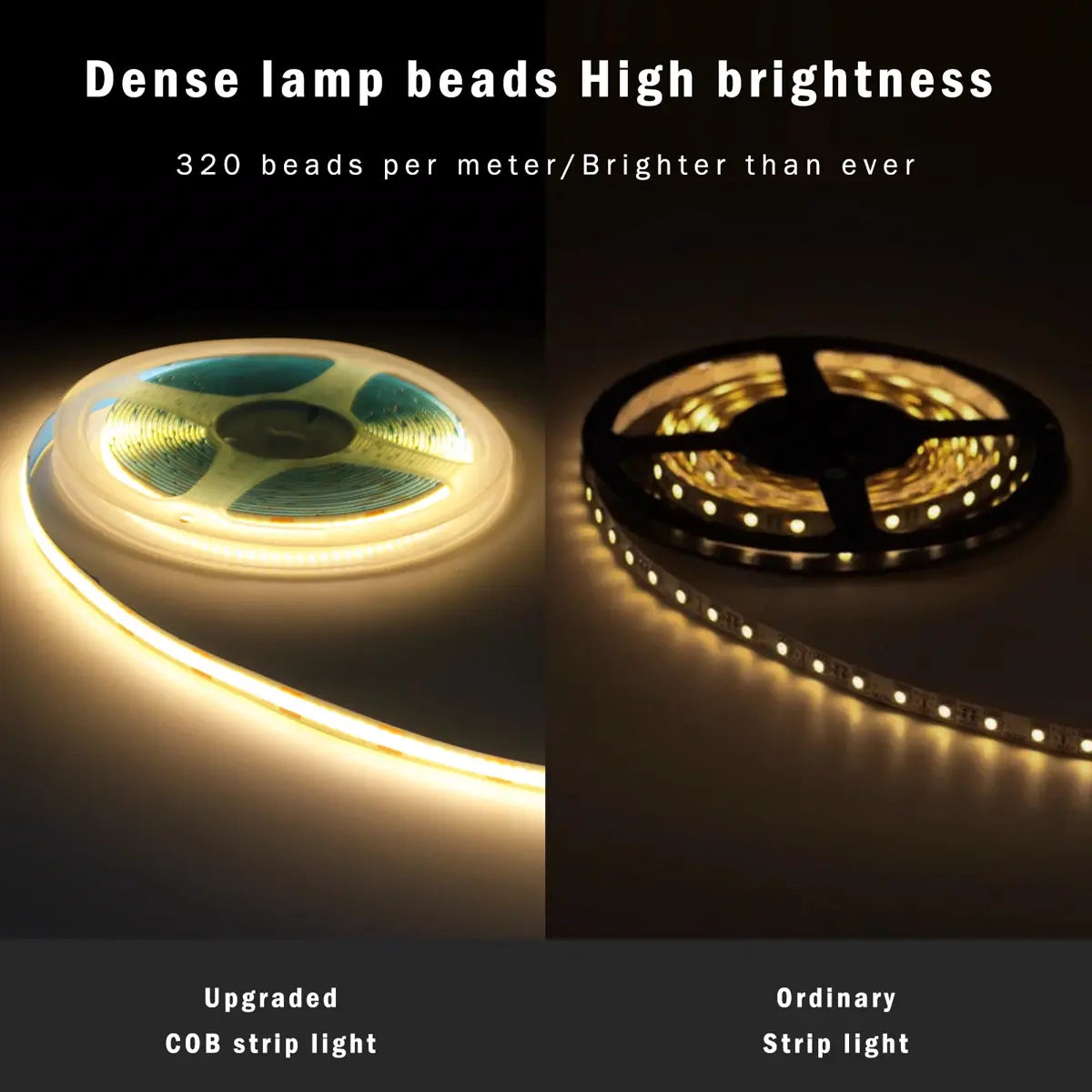Motion Sensor COB LED Strip Light - Battery-Powered, 320 LEDs/m, Multi-Color, 3mm/5mm/8mm