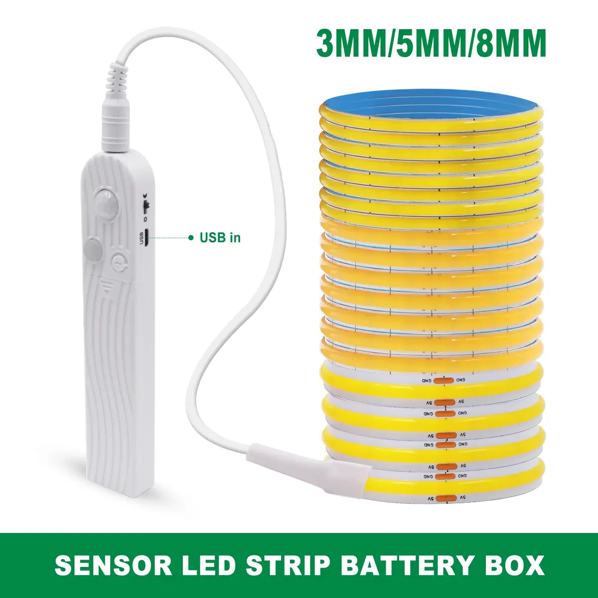 Motion Sensor COB LED Strip Light - Battery-Powered, 320 LEDs/m, Multi-Color, 3mm/5mm/8mm