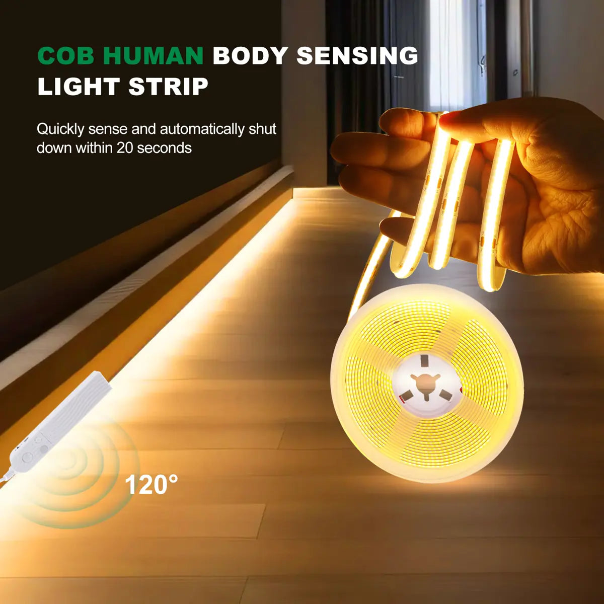 Motion Sensor COB LED Strip Light - Battery-Powered, 320 LEDs/m, Multi-Color, 3mm/5mm/8mm