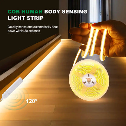 Motion Sensor COB LED Strip Light - Battery-Powered, 320 LEDs/m, Multi-Color, 3mm/5mm/8mm