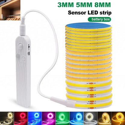 Motion Sensor COB LED Strip Light - Battery-Powered, 320 LEDs/m, Multi-Color, 3mm/5mm/8mm