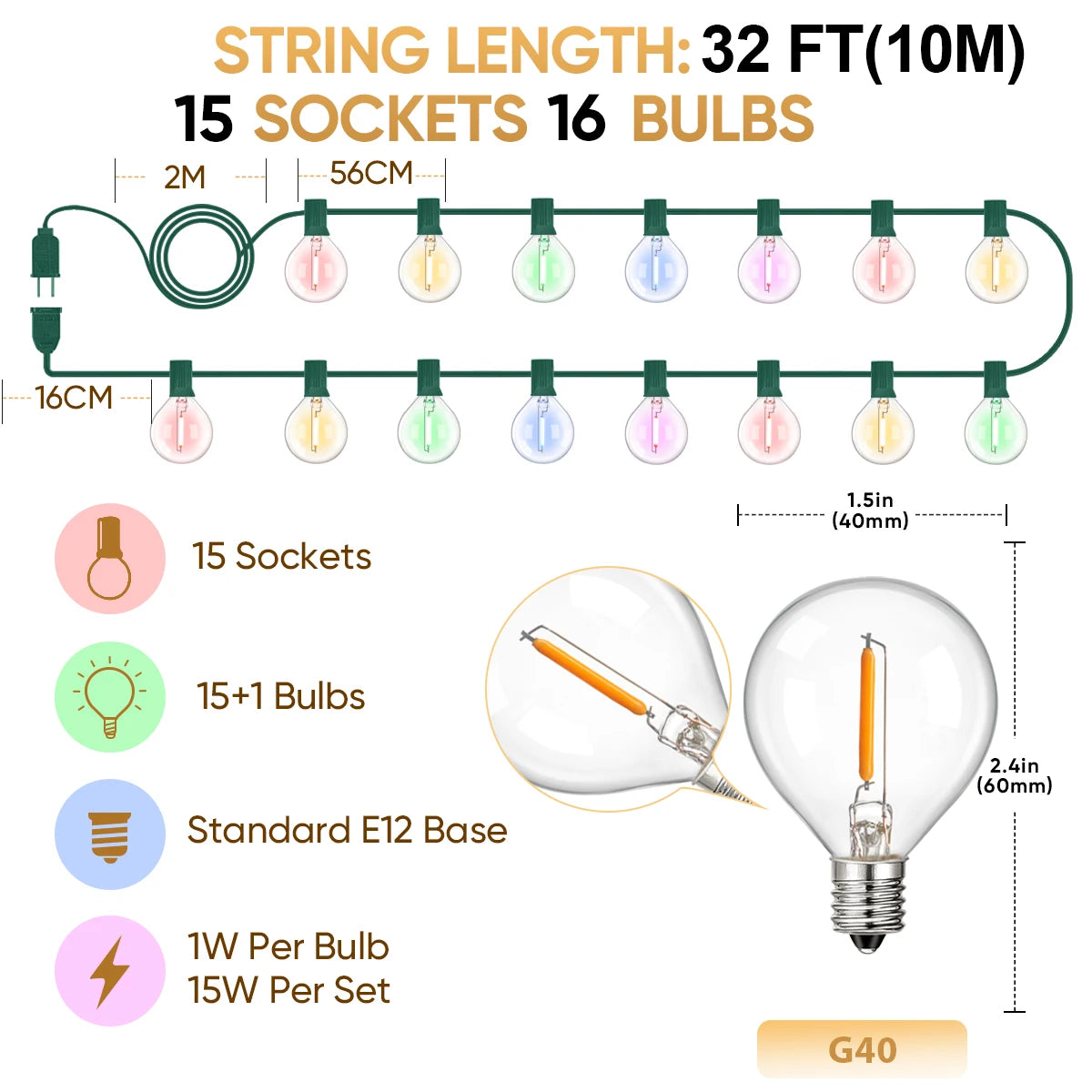 Multicolor G40 Outdoor String Lights 110V Led String Light Waterproof Connectable - Lumaz