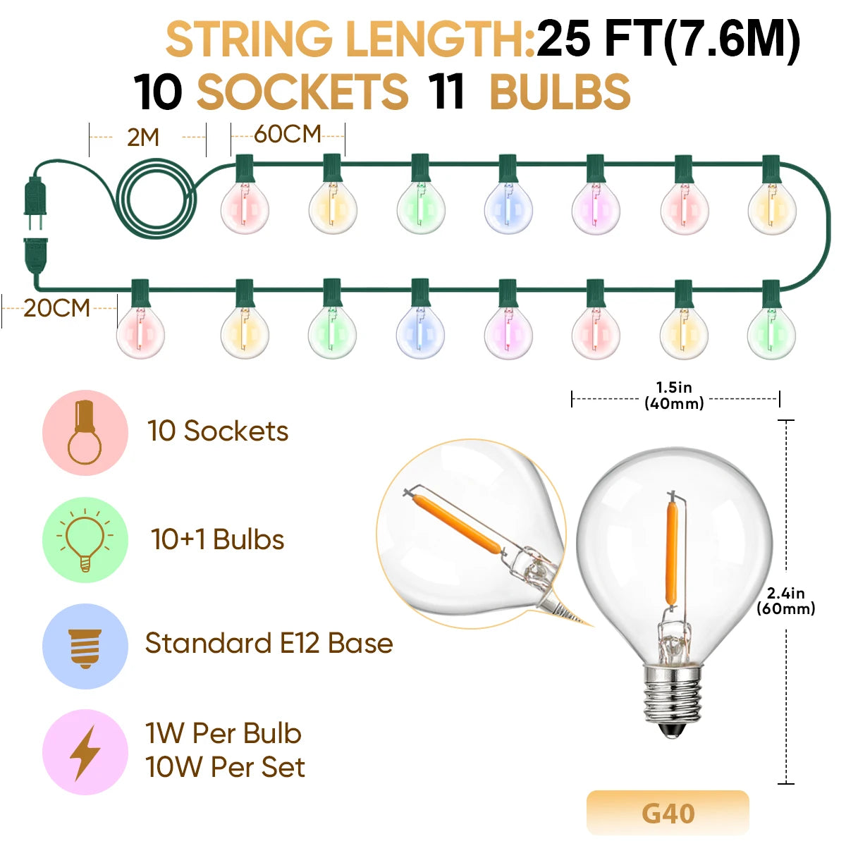 Multicolor G40 Outdoor String Lights, 110V Led String Light Waterproof Connectable - Lumaz