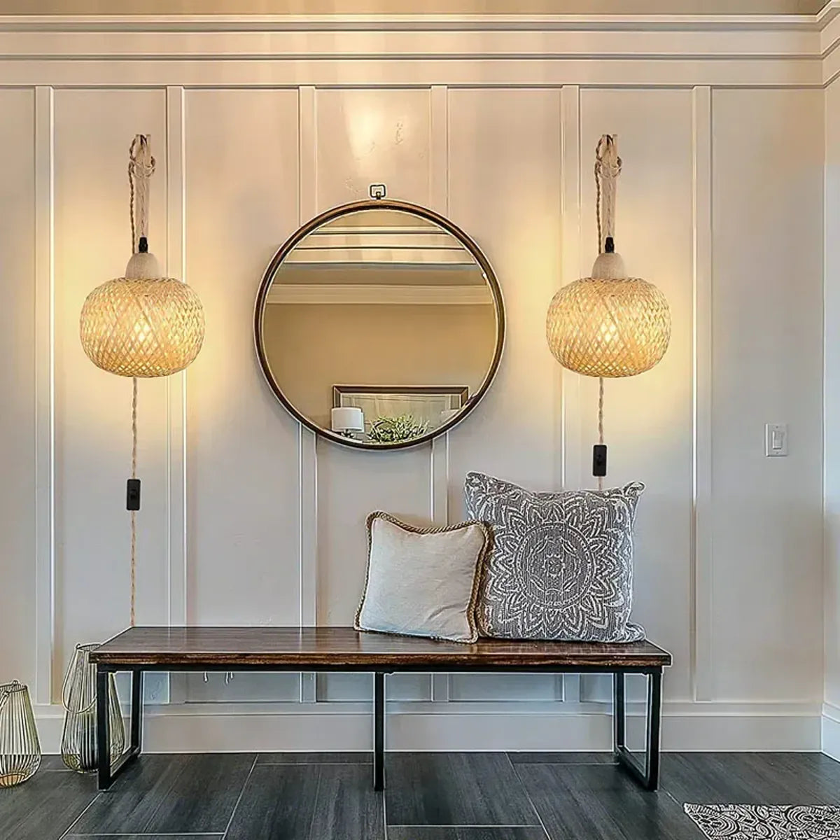 Handgefertigte, naturnahe Laternen-Wandleuchte – aus Bambus- oder Hanfseil, E26/E27, Holzhalterung, verstellbar