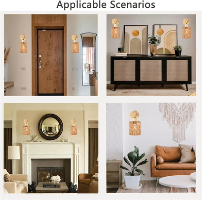 Naturinspirierte, handgefertigte Rattan-Wandleuchte – Hanfseil-Design, Landhausstil, E26/E27-Leuchtmittel
