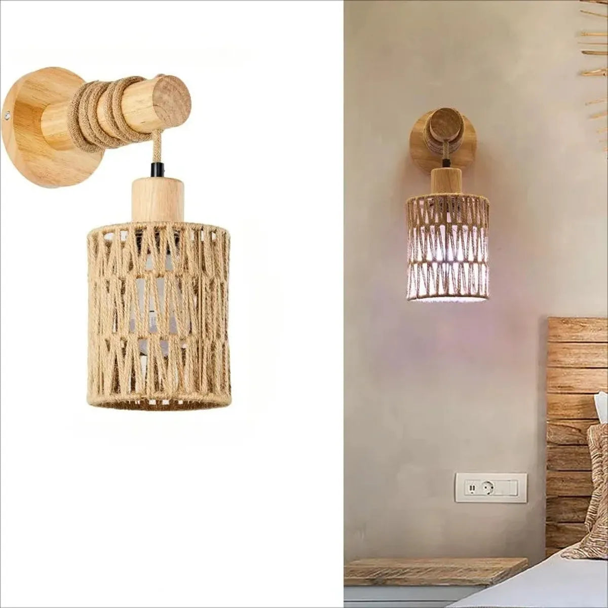 Naturinspirierte, handgefertigte Rattan-Wandleuchte – Hanfseil-Design, Landhausstil, E26/E27-Leuchtmittel